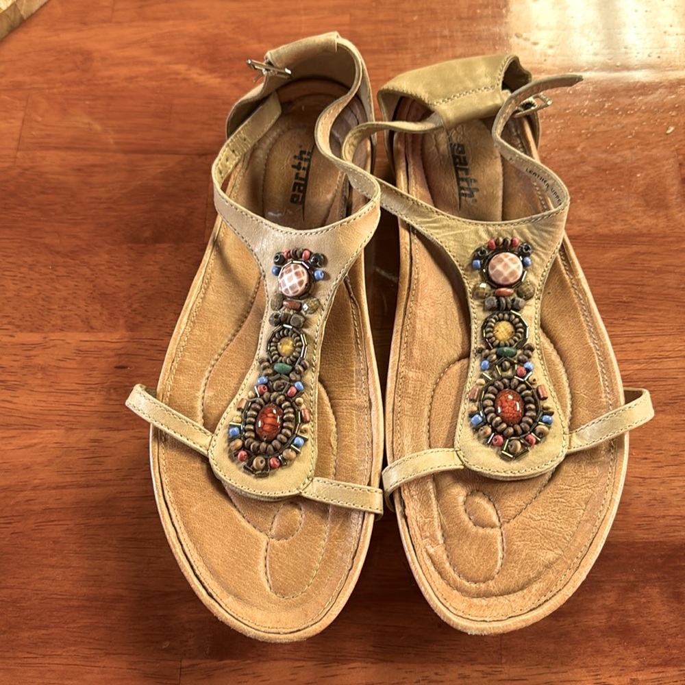 Earth Tan Beaded T-Strap Sandals